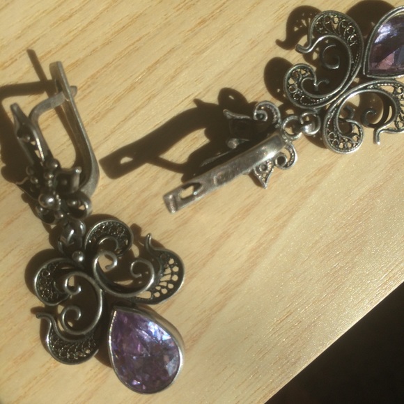 Filigree earrings 925 silver with purple stone - Picture 6 of 14
